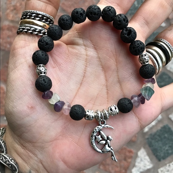 🧚‍♀️Genuine Fluorite & lava rock fairy charm bead bracelet boho - Picture 8 of 9